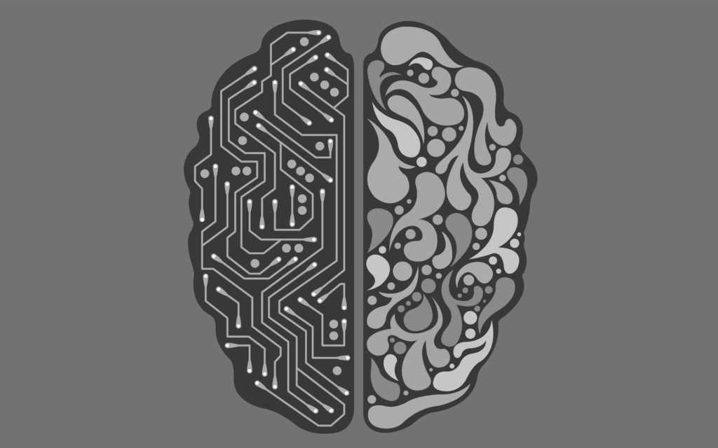 Illustration of artificial intelligence. This is a brain, which has a human and a machine side.