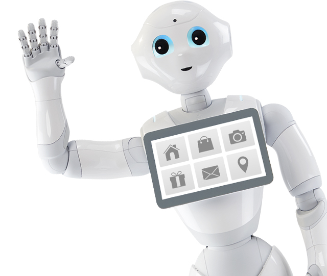 Mesterséges intelligencia segítségével működő humanoid robot integet a képen. A mellkasán tablet van elhelyezve.