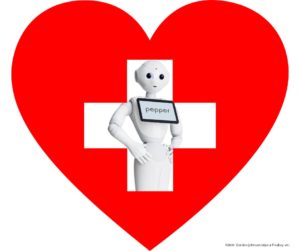 Pepper robot asszisztens egy kórházi szív embléma mögött.